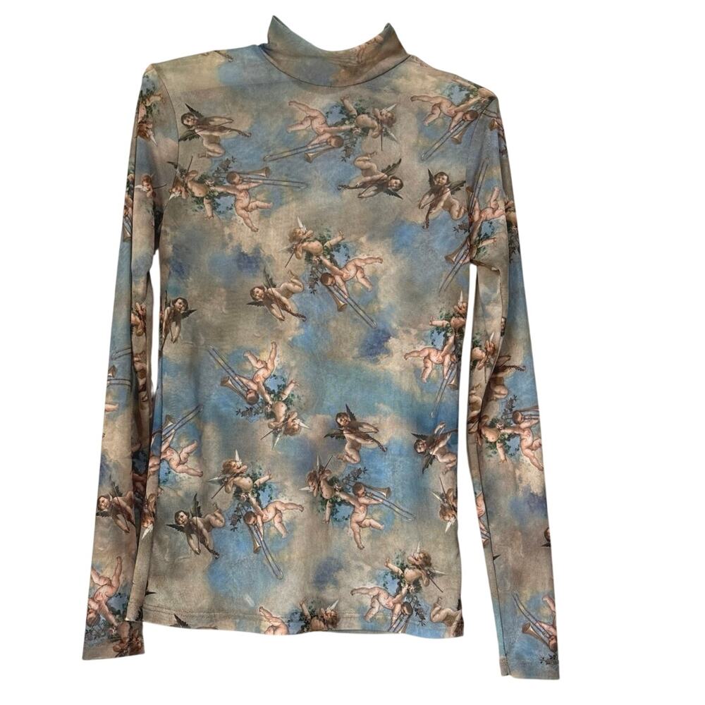 Sweet Lilac Mesh Shirt Women's Cherub Angel Cloud Print Y2K Size Medium